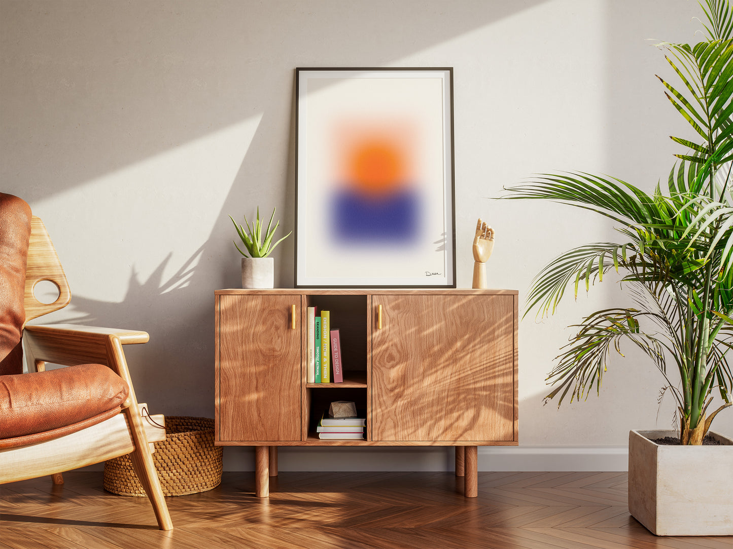 Blurred Horizon, Abstract Blurred Sunset Poster, Modern Art, Orange Sun & Blue Horizon
