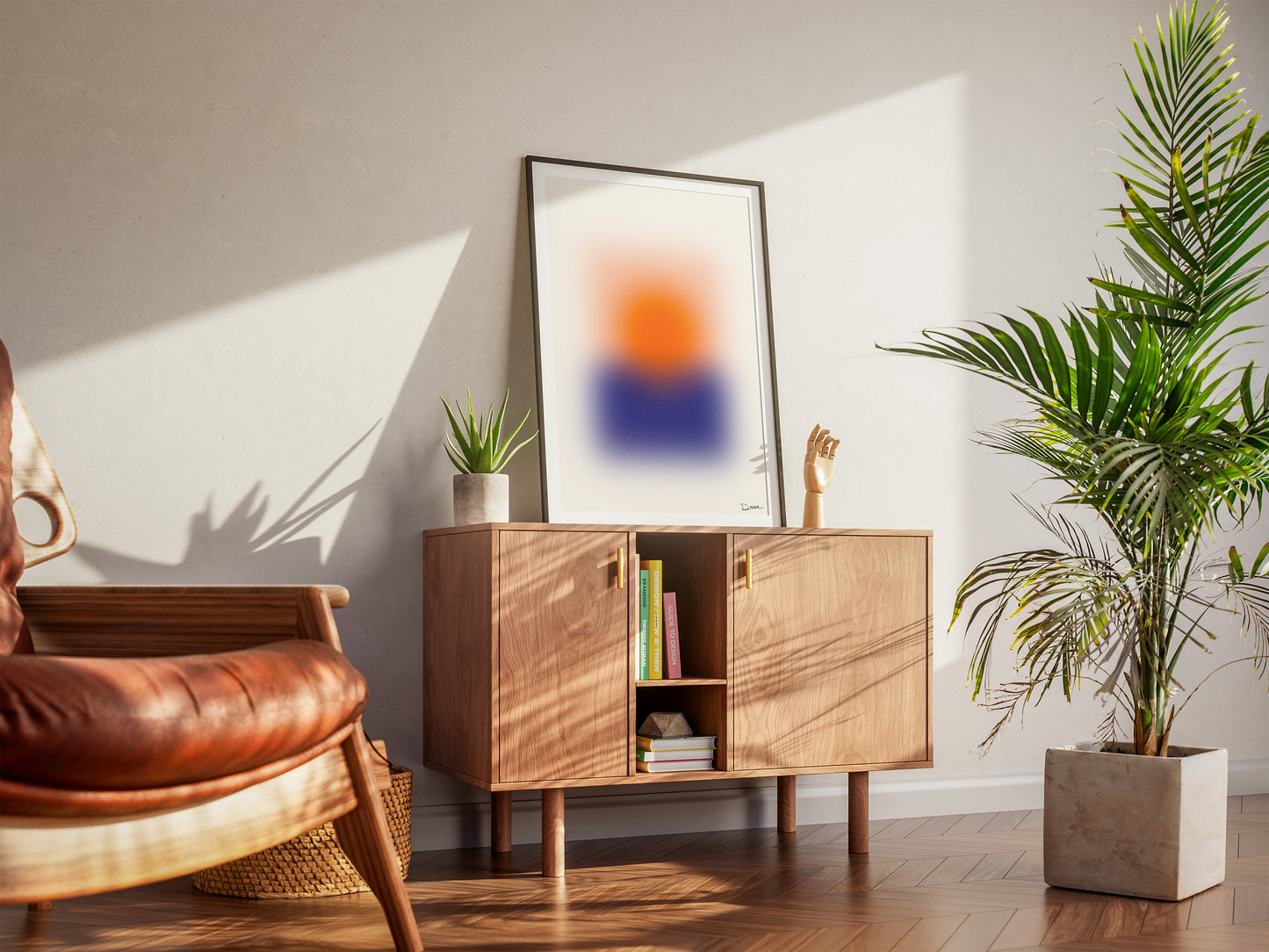 Blurred Horizon, Abstract Blurred Sunset Poster, Modern Art, Orange Sun & Blue Horizon