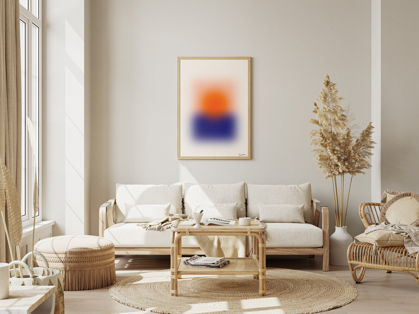 Blurred Horizon, Abstract Blurred Sunset Poster, Modern Art, Orange Sun & Blue Horizon
