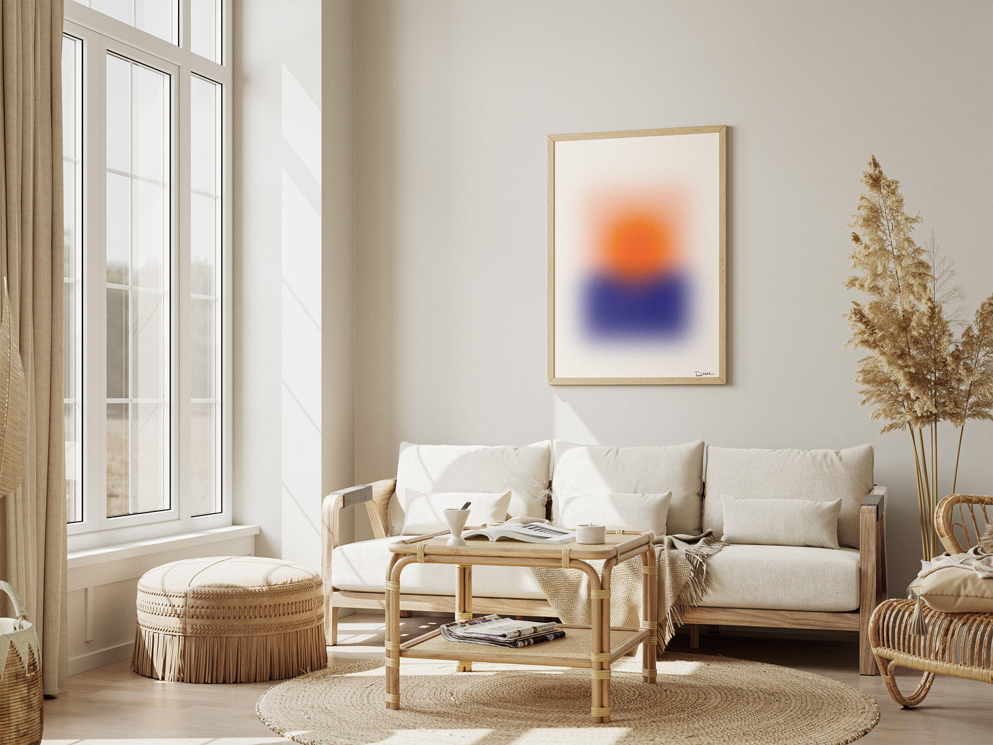 Blurred Horizon, Abstract Blurred Sunset Poster, Modern Art, Orange Sun & Blue Horizon