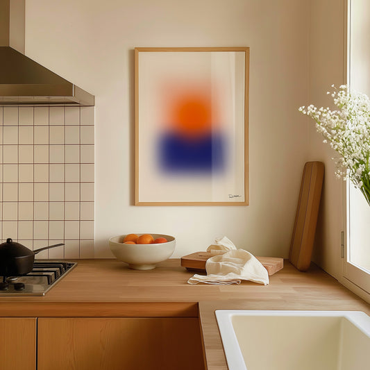 Blurred Horizon, Abstract Blurred Sunset Poster, Modern Art, Orange Sun & Blue Horizon