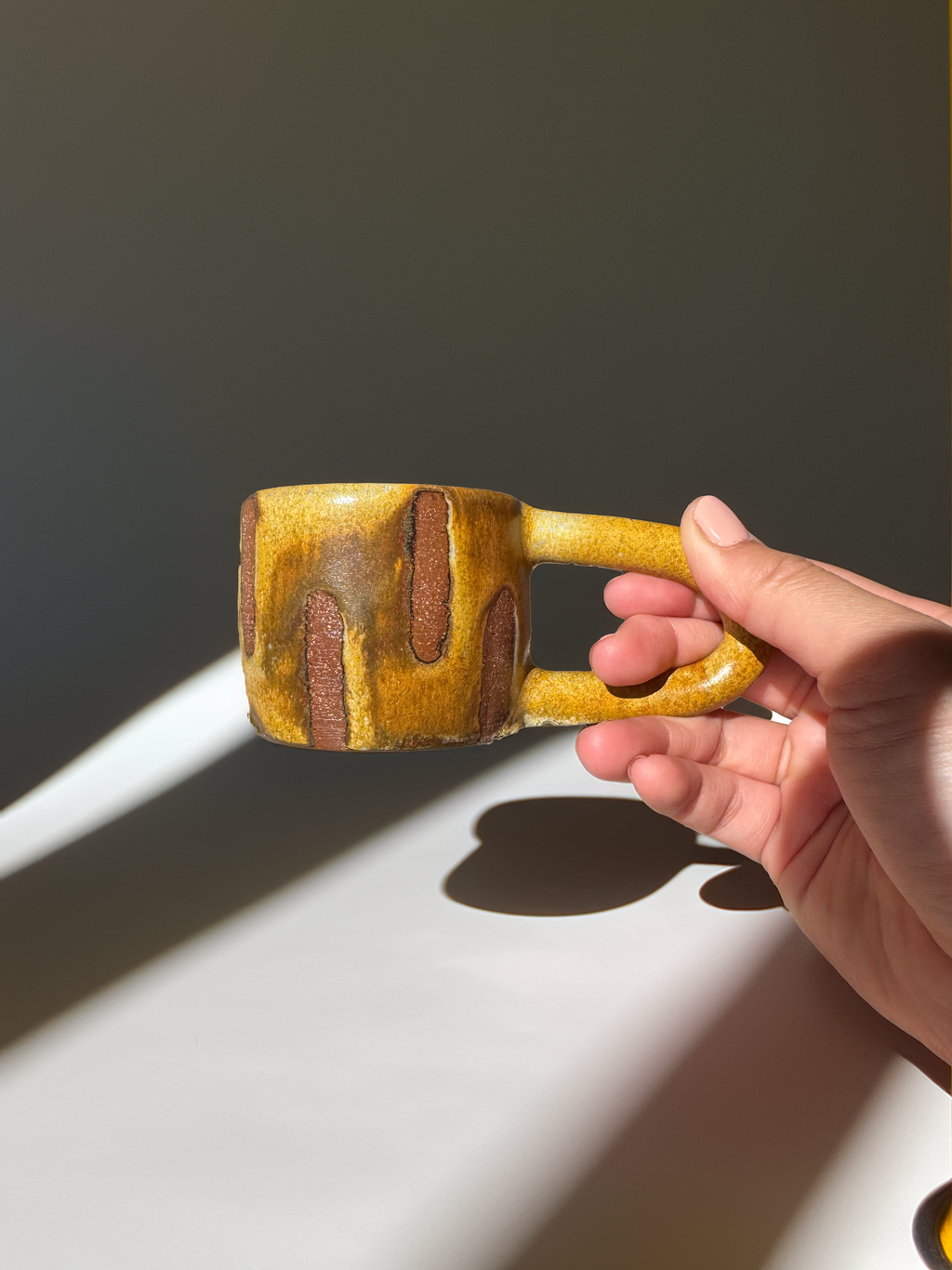 Handmade Ceramic Long Handle Espresso Mug, Artisan Pottery, Opal, Yellow Turmeric