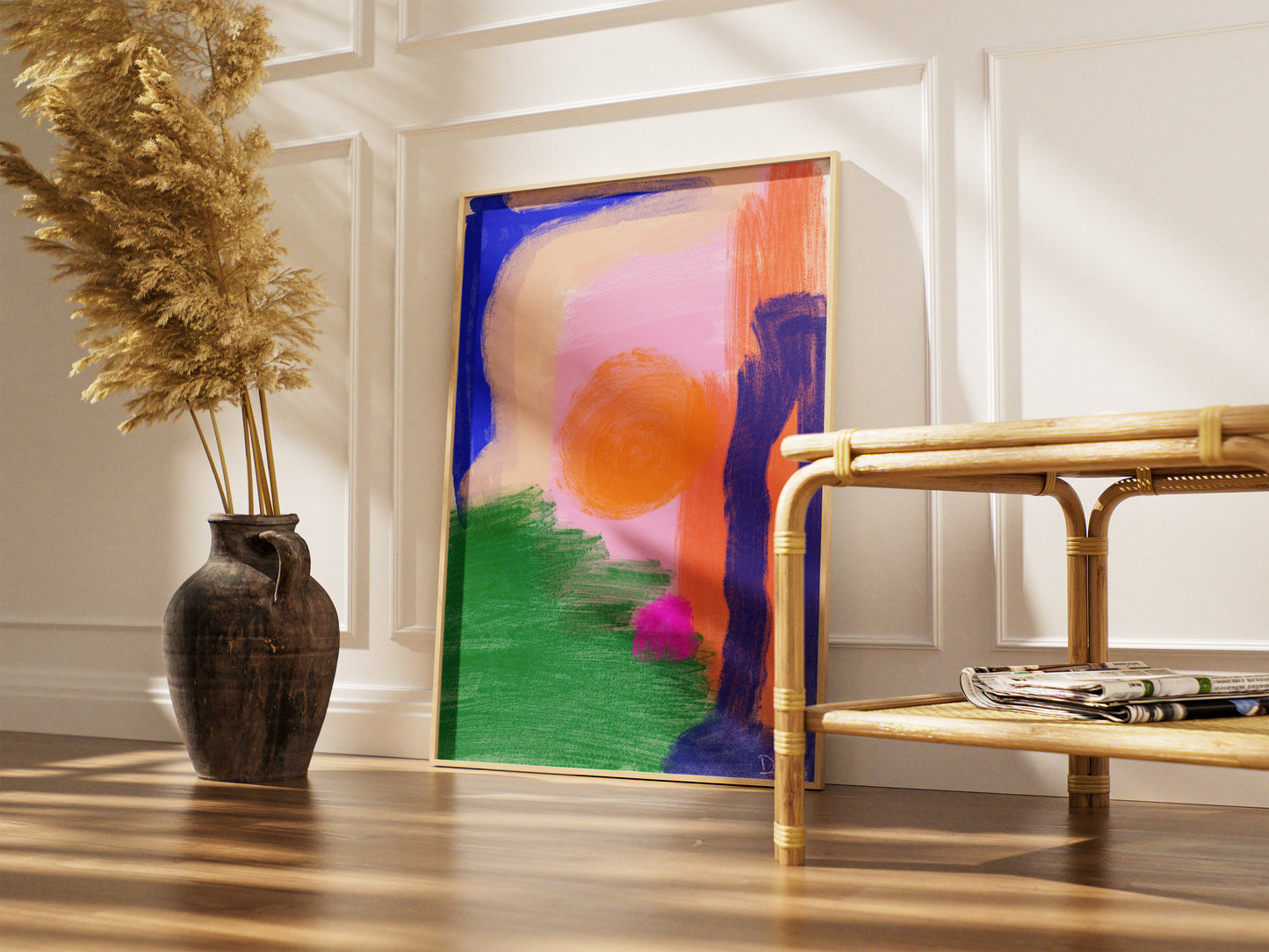 Lets Dance Under The Sun BB, Colorful Abstract Art Print, Vibrant Brushstroke Wall Art for Living Room, Boho Sun-Inspired Painting