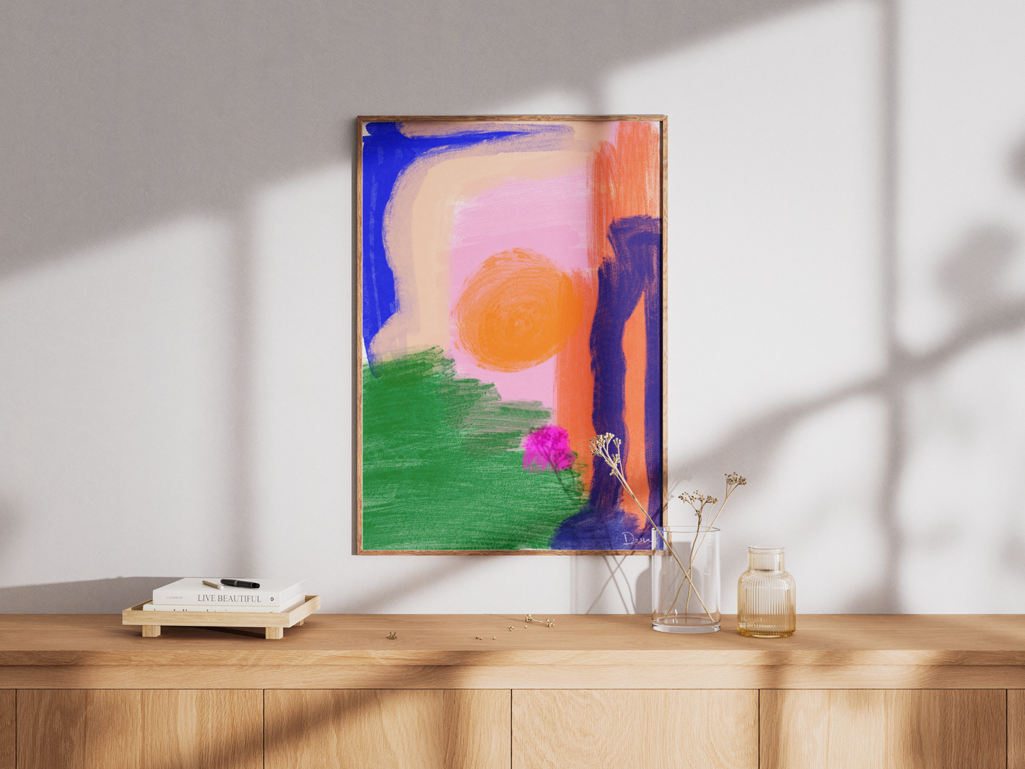 Lets Dance Under The Sun BB, Colorful Abstract Art Print, Vibrant Brushstroke Wall Art for Living Room, Boho Sun-Inspired Painting