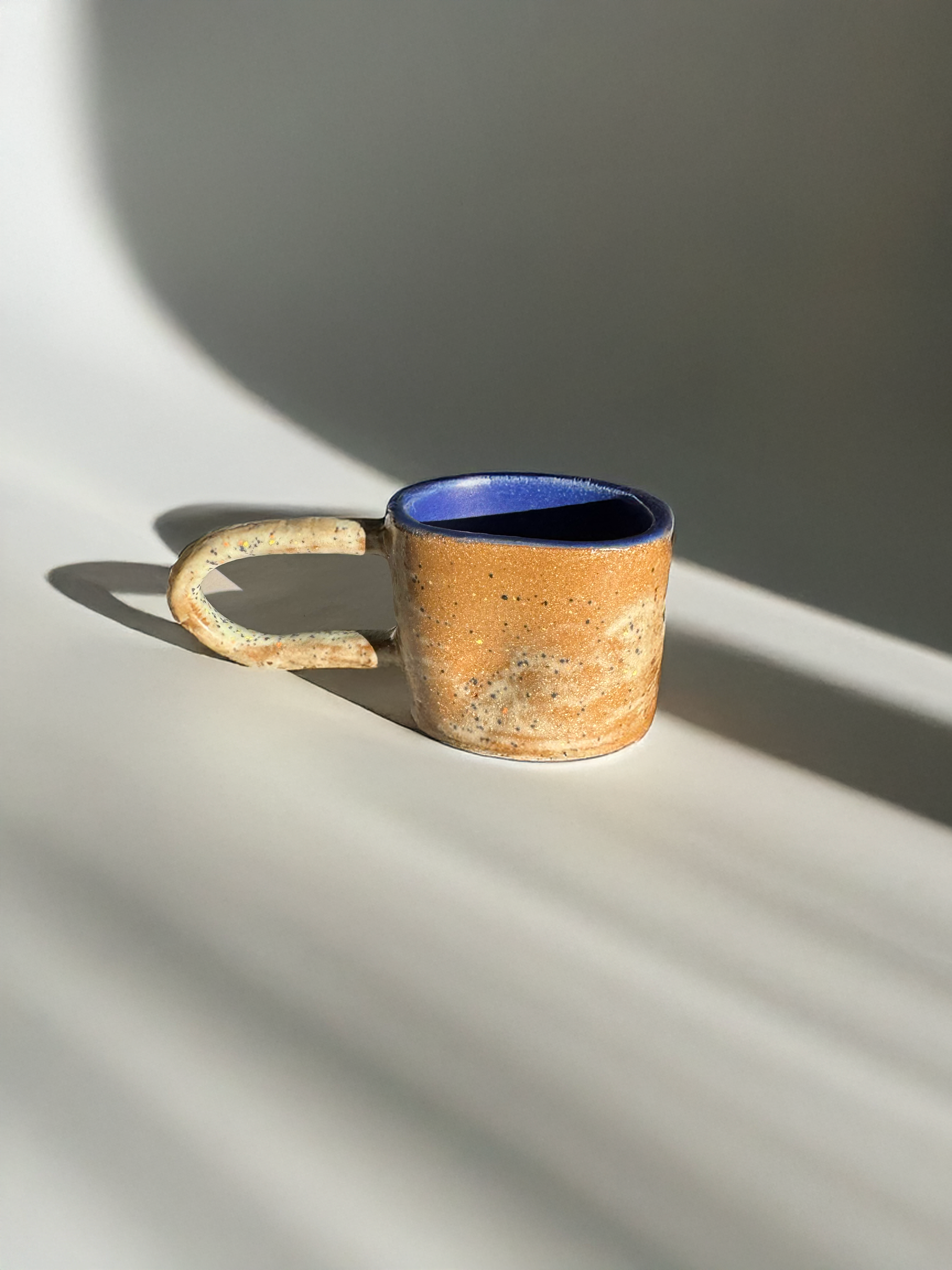 Handmade Ceramic Long Handle Espresso Mug, Artisan Pottery, Indented Pottery