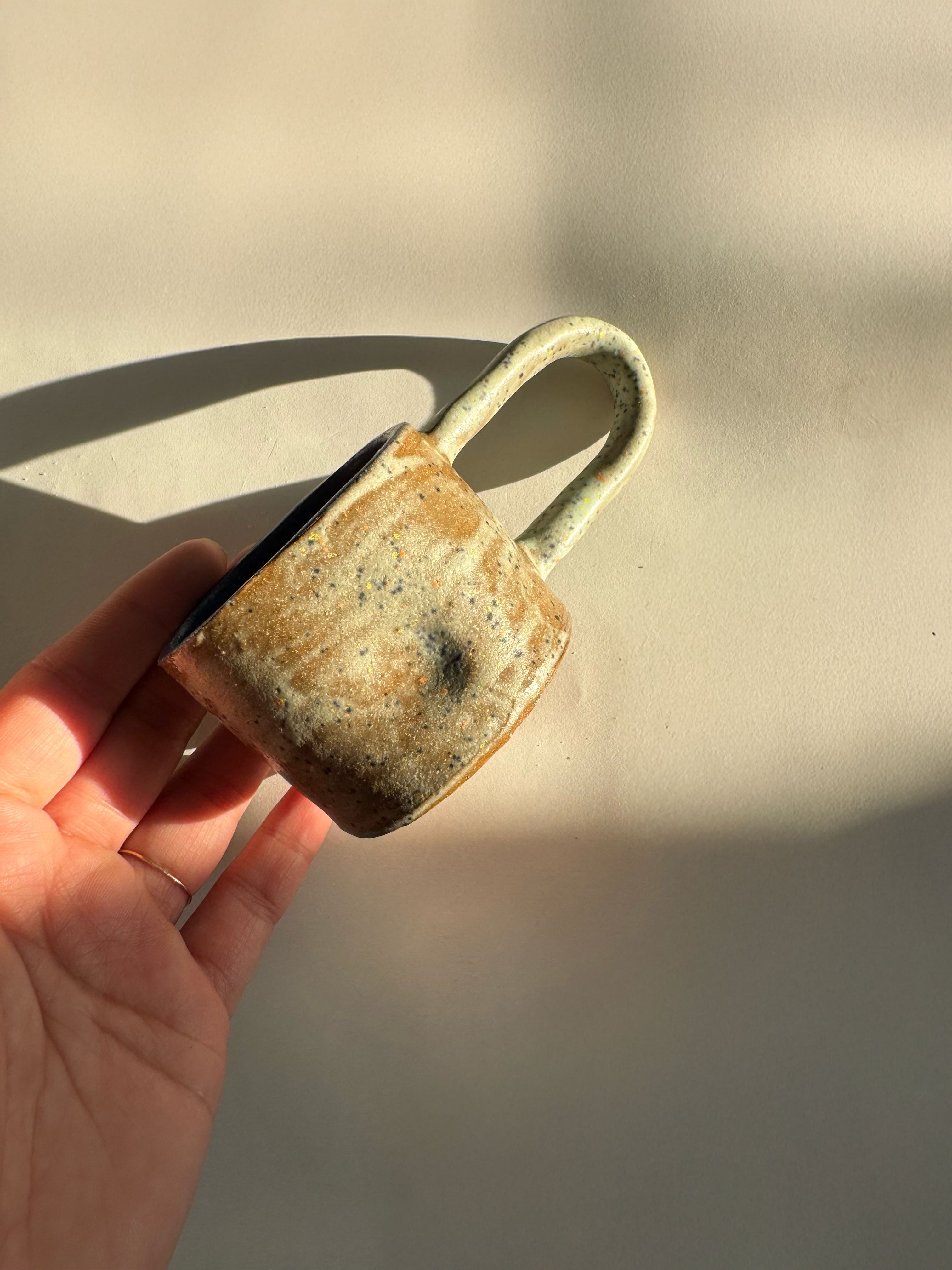 Handmade Ceramic Long Handle Espresso Mug, Artisan Pottery, Indented Pottery