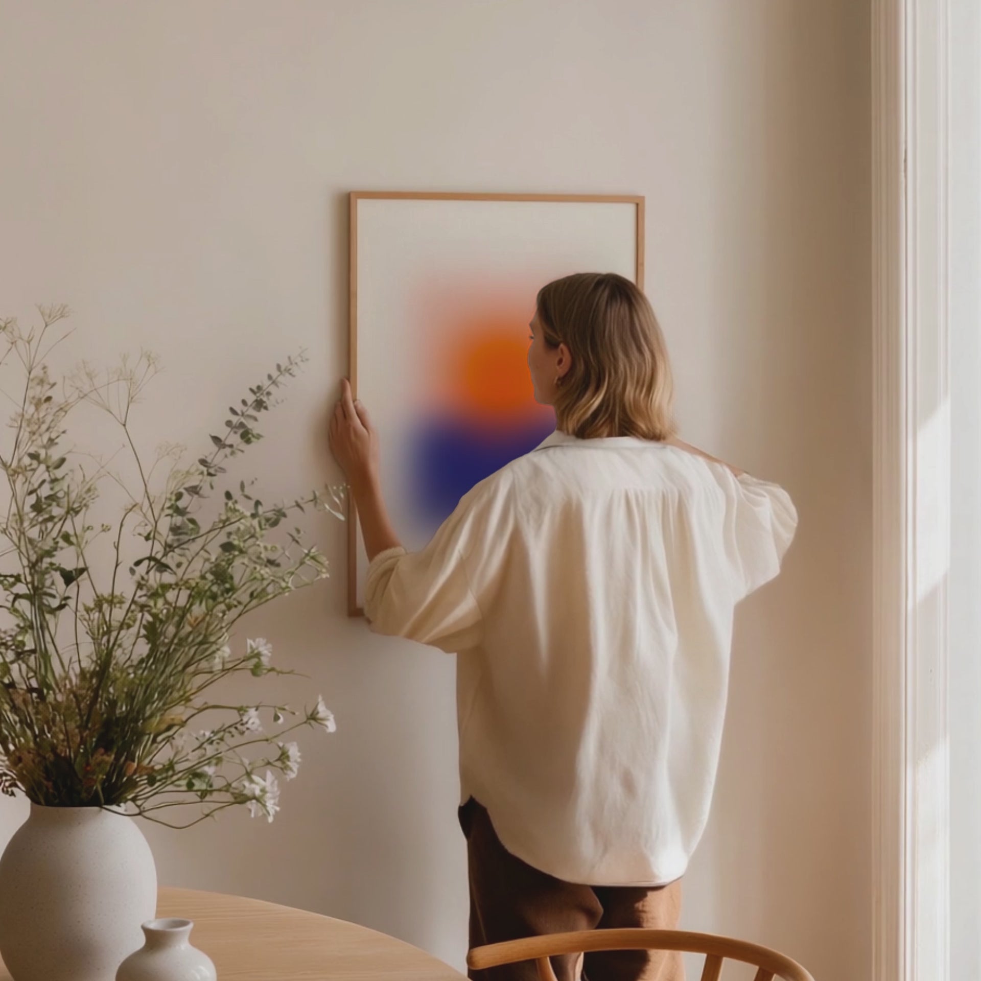 Blurred Horizon, Abstract Blurred Sunset Poster, Modern Art, Orange Sun & Blue Horizon